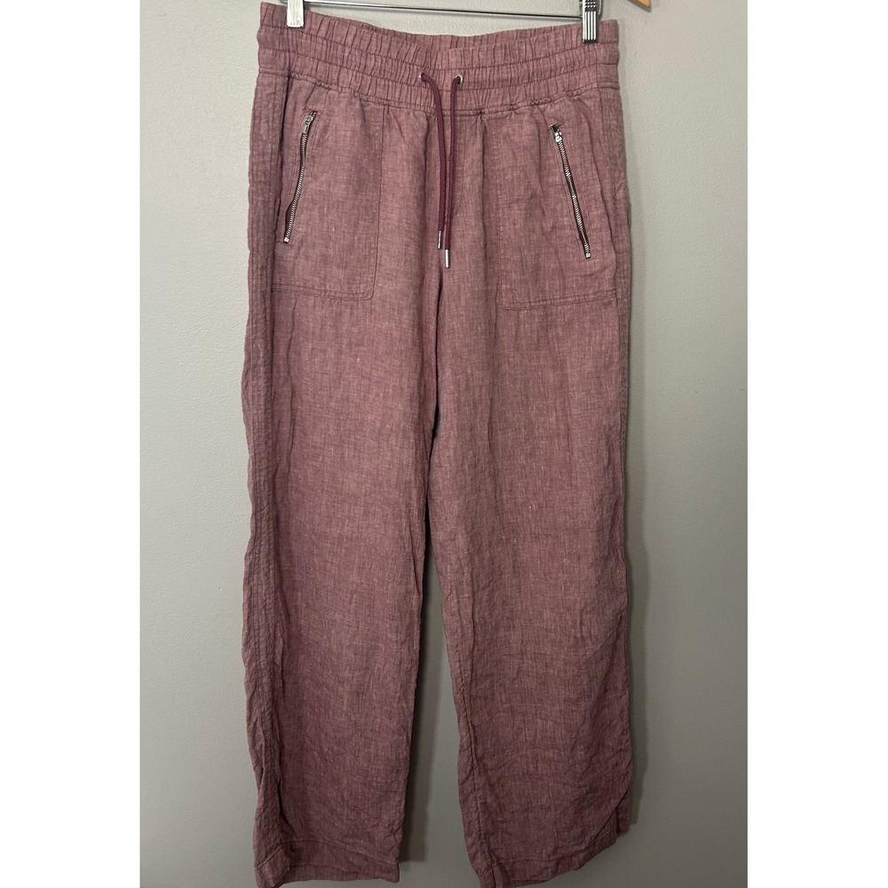 Athleta Pants Womens 10 100% Linen Cabo Wide Leg Mauve Rose Wood Drawstring - Picture 2 of 9